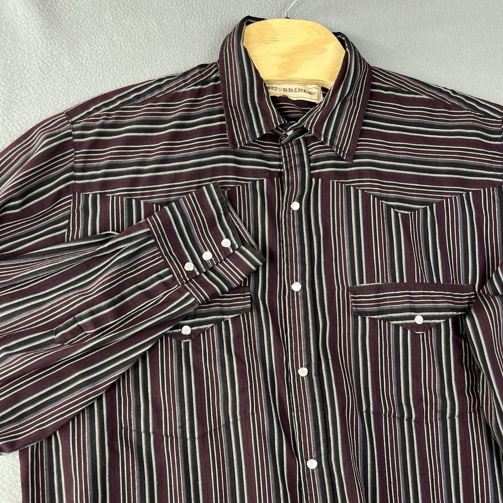 Bit and Bridle Pearl Snap Shirt Men XLT Dark Purple Black Stripe Pockets Western